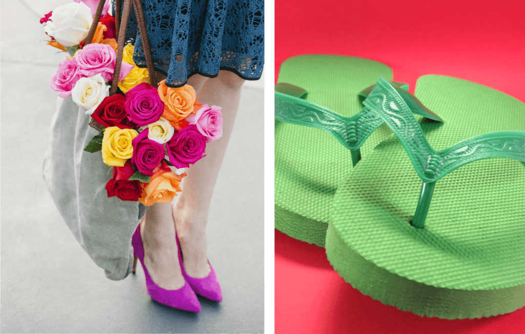 Two images: Left, Woman in a blue dress and pink high heeled shoes with assorted roses in a grey bag; Right, green plastic flip flops against red background.
